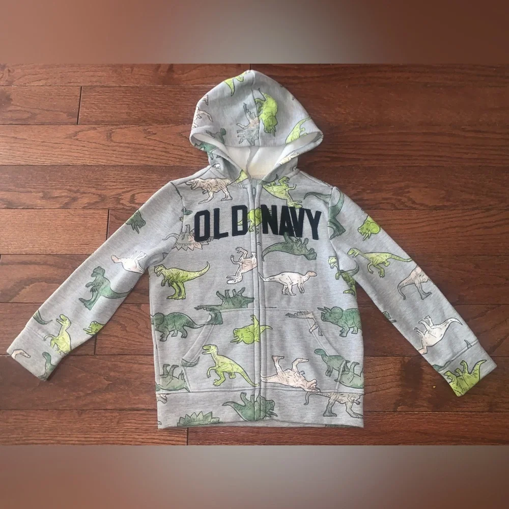 Old Navy Gray‎ Dinosaur Hoodie and Teal Sweater with Blue Jeans